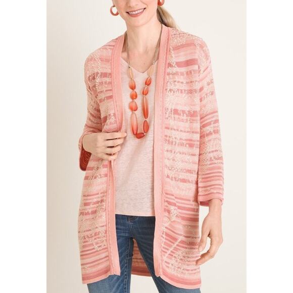 Chico’s Shades Of Pink Stripe Floral Embroidered Striped Jacquard Cardigan Small - Picture 1 of 8